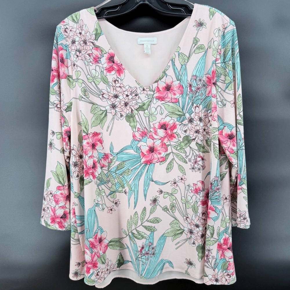 Charter Club Floral Split Back Blouse Women XL Pink Poly Spandex Cottagecore
